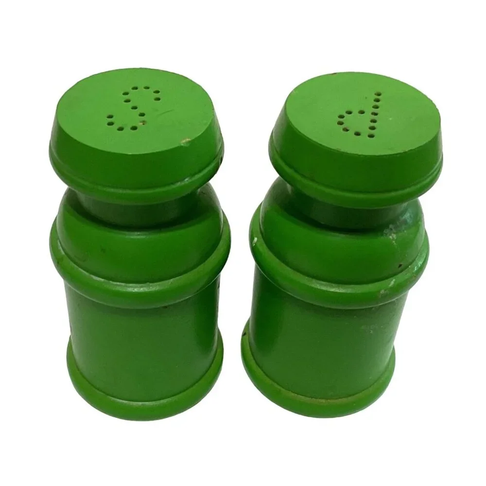 Vtg MCM Wood Milk Can Salt & Pepper Shakers Lime Green by Clover 3.5